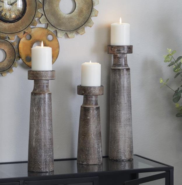 Light Mango Wood Candleholders, Set of 3