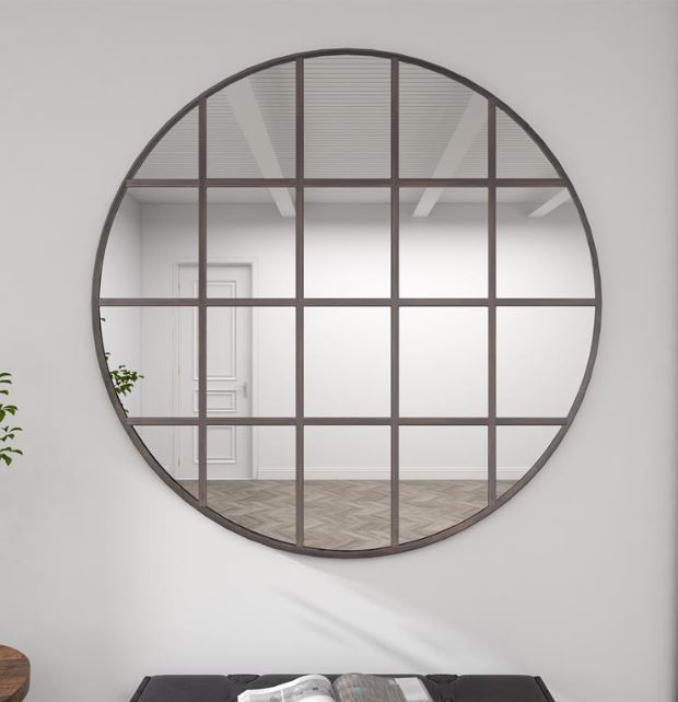 Metal Wall Mirror w/ Grid Frame, Bronze