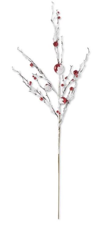 35" Glittered Flocked White Painted Branch w/Red Ornaments