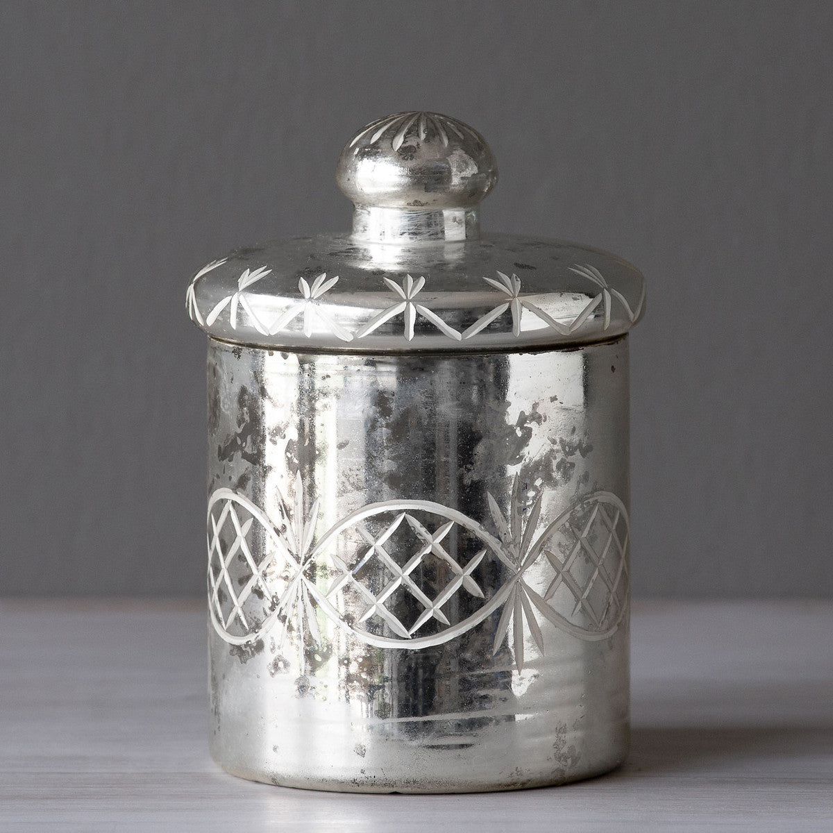 Mercury Glass Etched Votive Holder With Lid (Various Sizes)