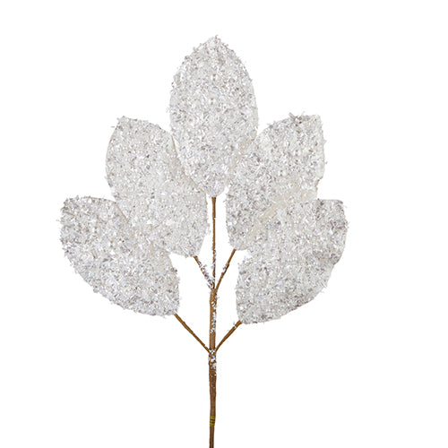 23" White Glitter Magnolia Leaf Spray