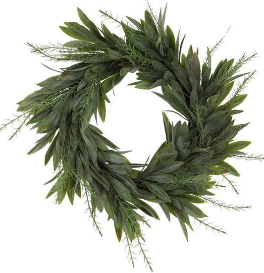 14" Mixed Long Leaf Wreath, Dusty 2-Tone Green