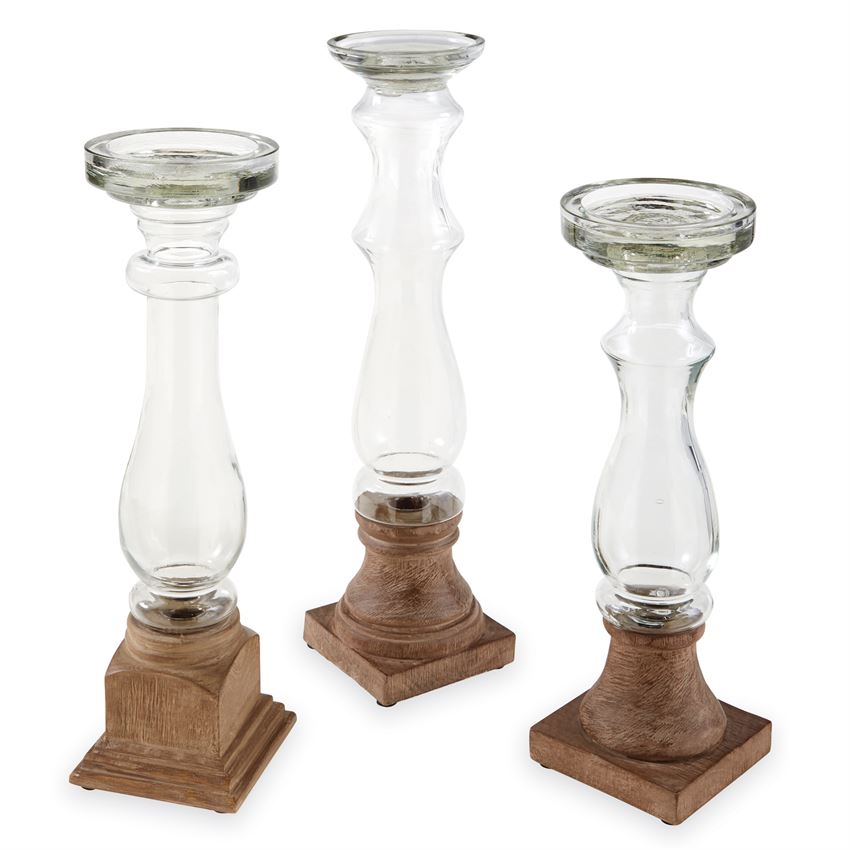 Glass and Wood Candleholders, Set of 3