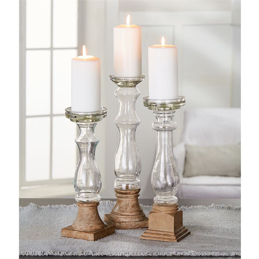 Glass and Wood Candleholders, Set of 3