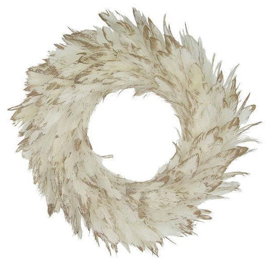 19" Feather & Glittered Wreath. Gold, Ivory