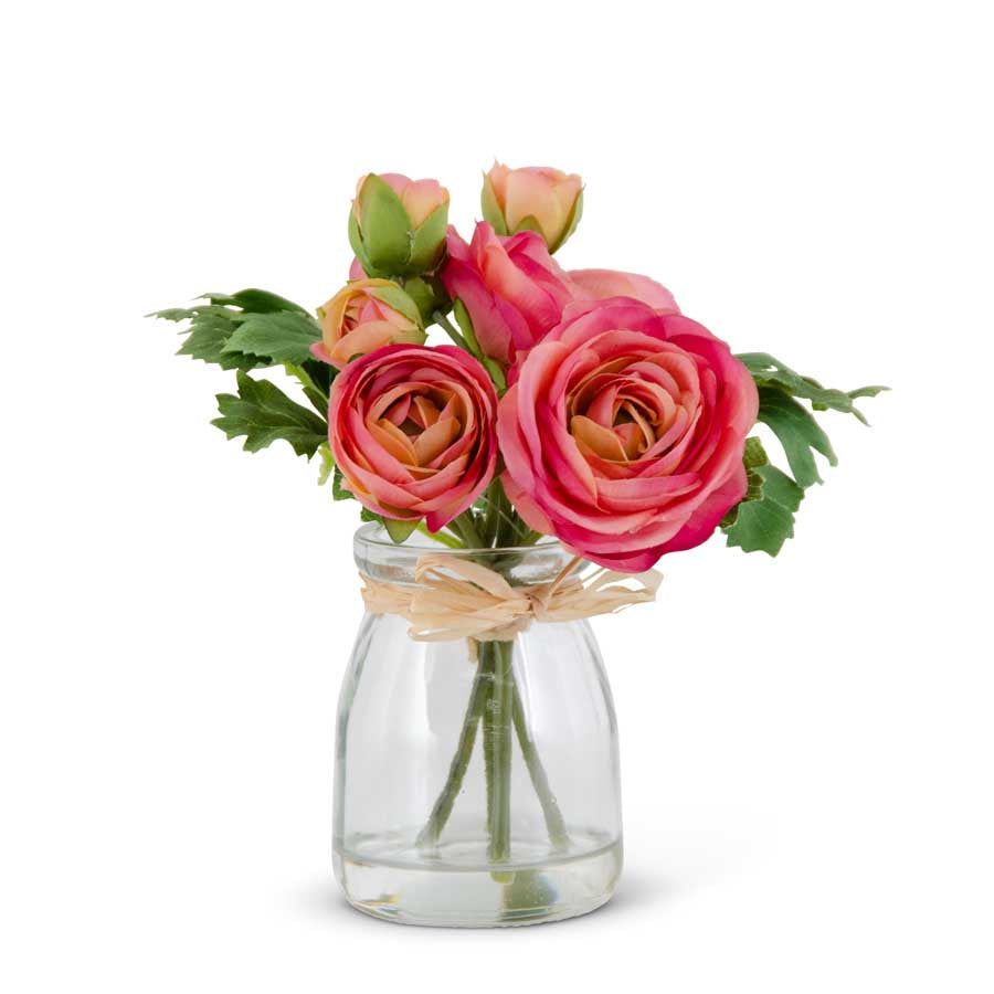 6.75" Ranunculus Bouquet in Glass Jar , Pink