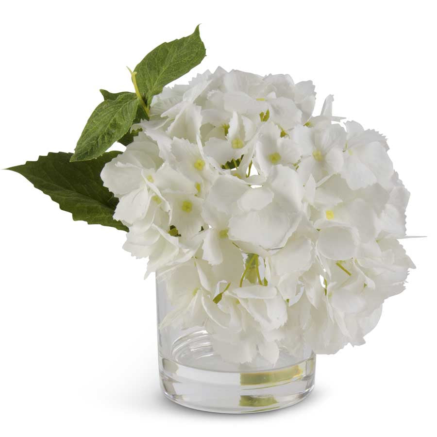 9" Real Touch Hydrangea in Glass Vase, White