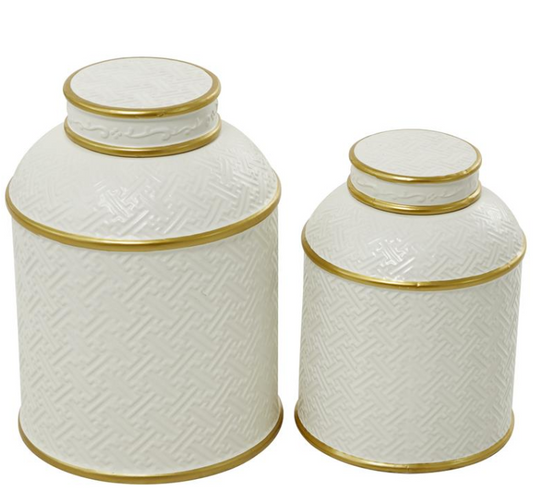 White and Gold Contemporary Ceramic Jars, Set of 2