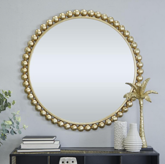Gold Beaded Metal Modern Wall Mirror, Round