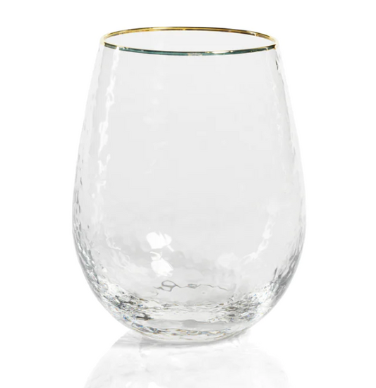 Negroni Hammered Stemless All-Purpose Glass, Clear with Gold Rim