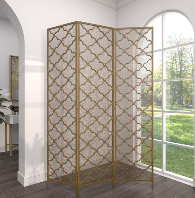 Gold Metal and Wire 3-Panel Screen