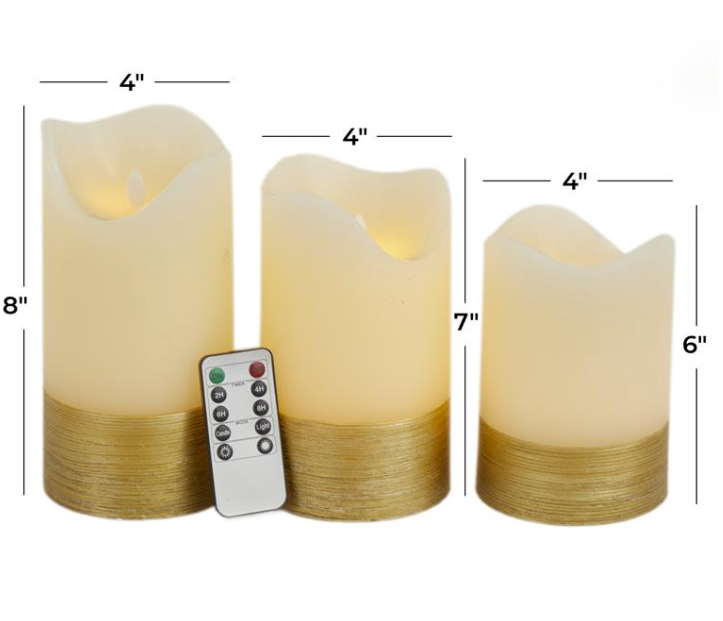 White Wax w/ Gold Base Flameless Candle, Set of 3