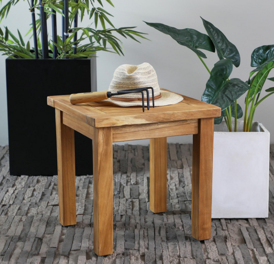 Brown Teak Wood Slatted Outdoor Accent Table