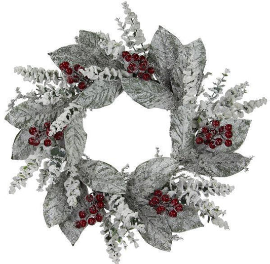 24" Frosted Magnolia Leaf Wreath with Eucalyptus & Berries