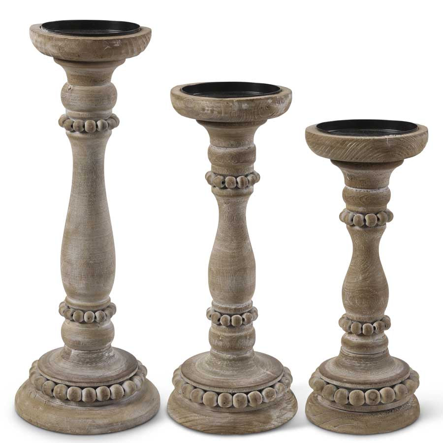 Wooden Candleholders with Beaded Trim, Set of 3