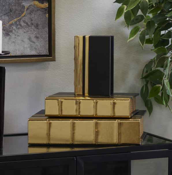 Black and Gold Leather Book Box, Set of 3