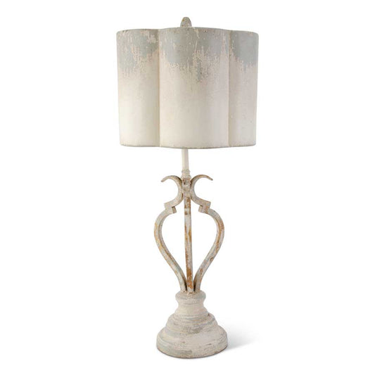 Cream & Gray Distressed Metal Lamp with Metal Scalloped Shade