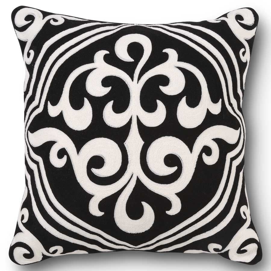 Black & White Damask Embroidered Pillow