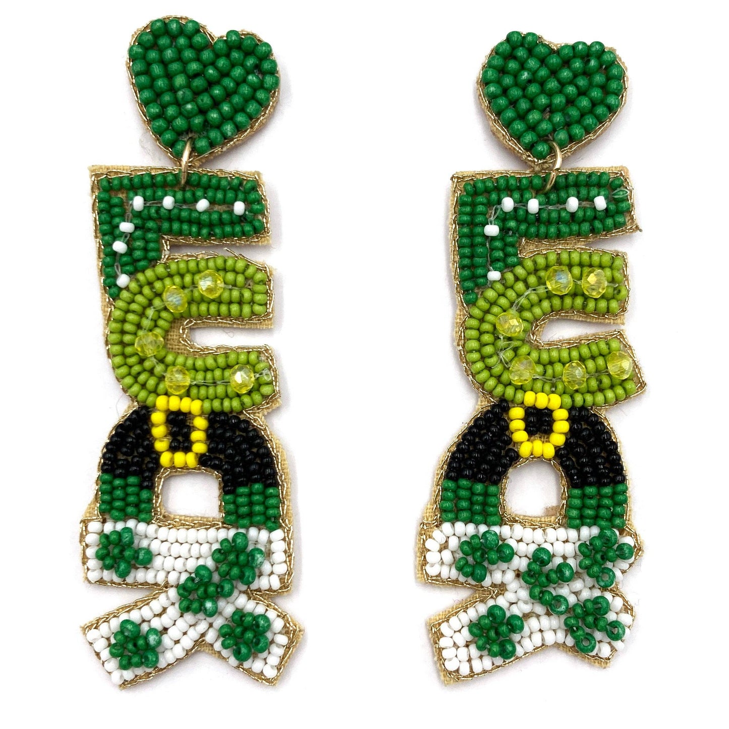 St.Patrick Irish Luck Heart Seed Bead Post Dangle Earrings