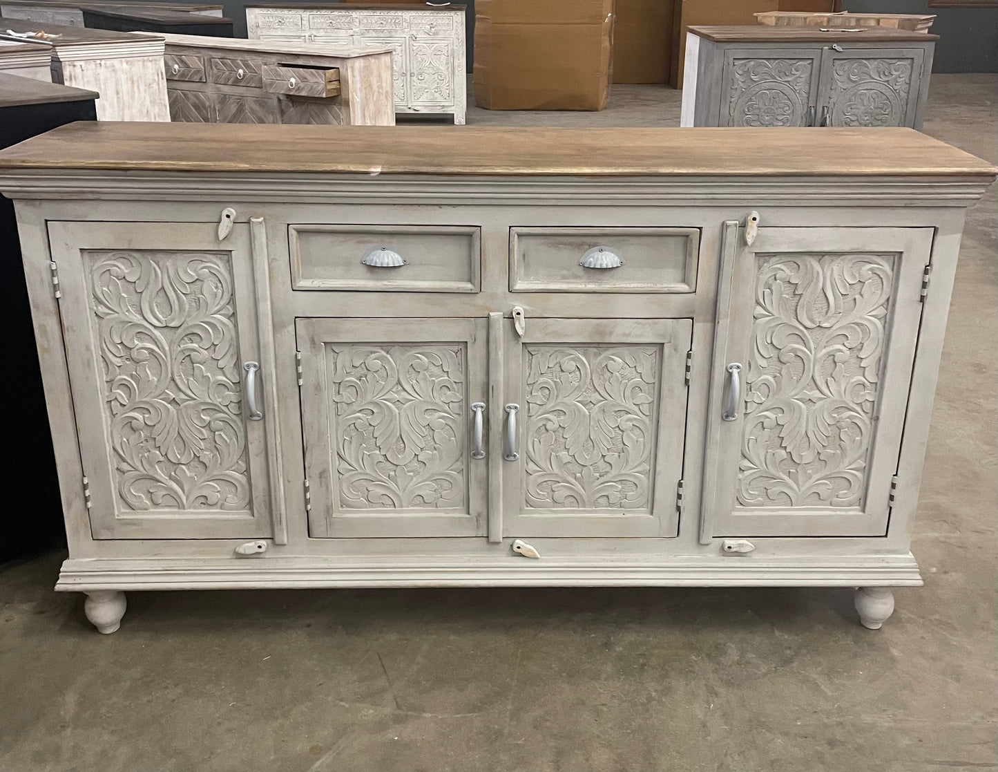 Prescott Carved Sideboard (Gray w/ Natural Top)