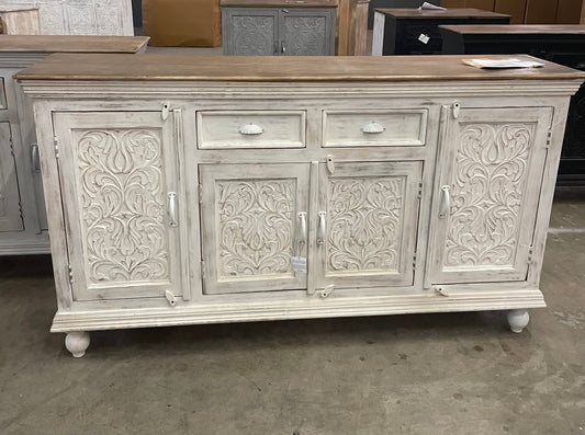Prescott Carved Sideboard (Distressed White w/ Natural Top)