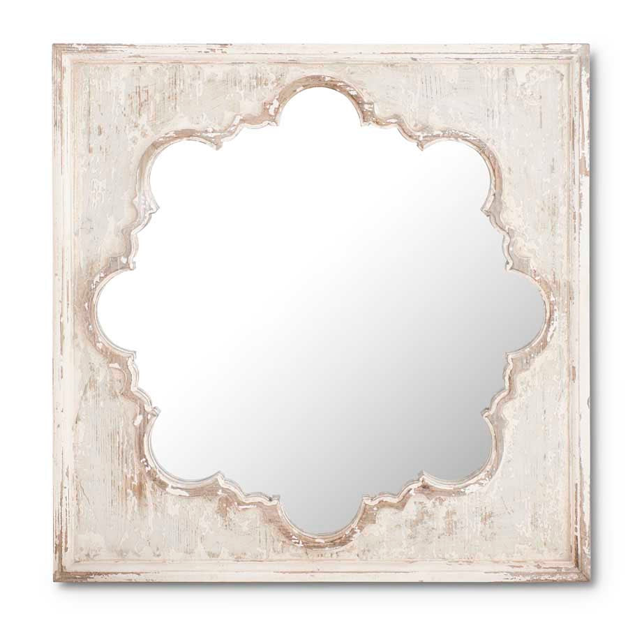 Square Whitewashed Mirror with Quatrefoil Insert