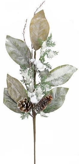 30" Magnolia Leaf/Cedar/Cone Spray, Green/Natural w/Snow